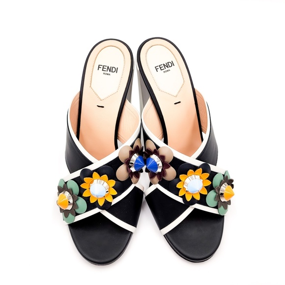 Fendi Flowerland Black White Nappa Leather Slip-On Heeled Mules EU 38 - Picture 4 of 10